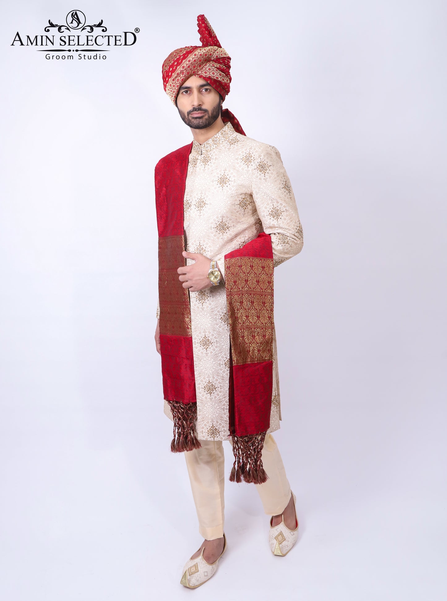 Luxurious Light Gold Sherwani Set - Amin Selected 