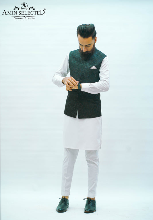 Emerald Green Waist Coat - Amin Selected 