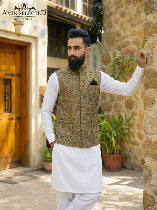Brownish Golden Embroidered Waist Coat - Amin Selected 