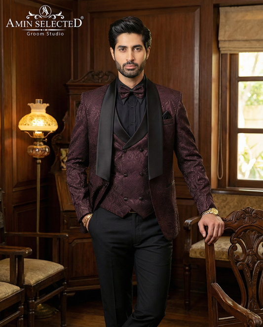Maroon Tuxedos Embossed 3 Piece Suit - Amin Selected 