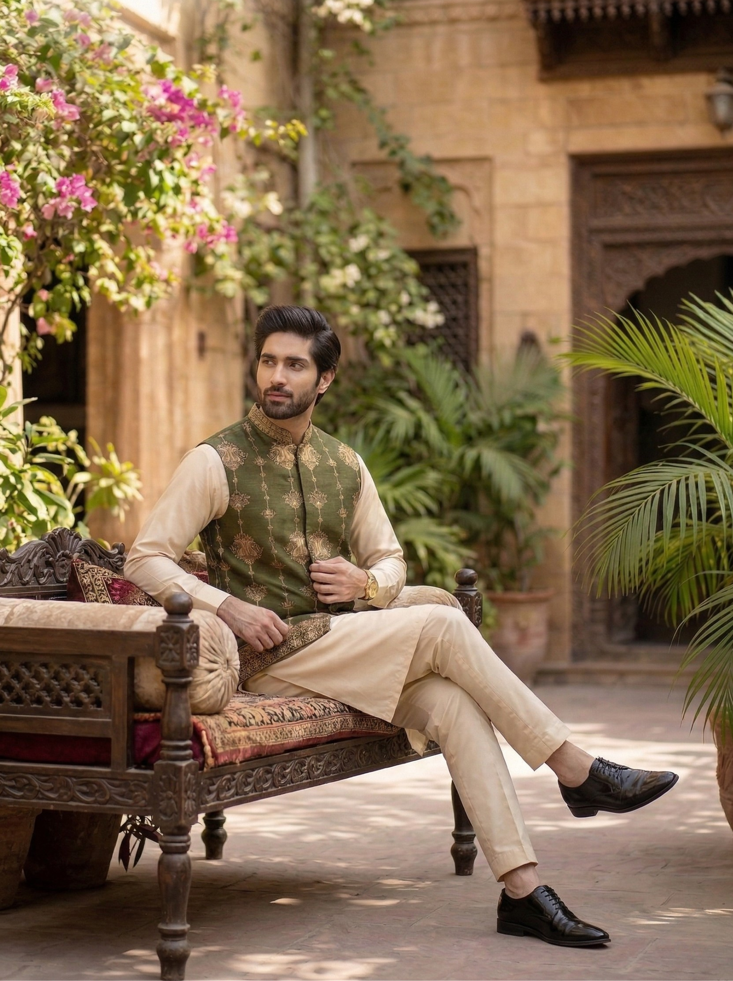 Embellished ban green jaquard waistcoat - Amin Selected 