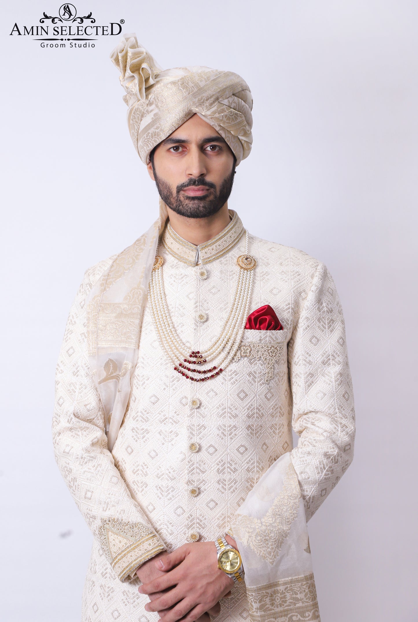 Cream Embroidery Sherwani - Amin Selected 