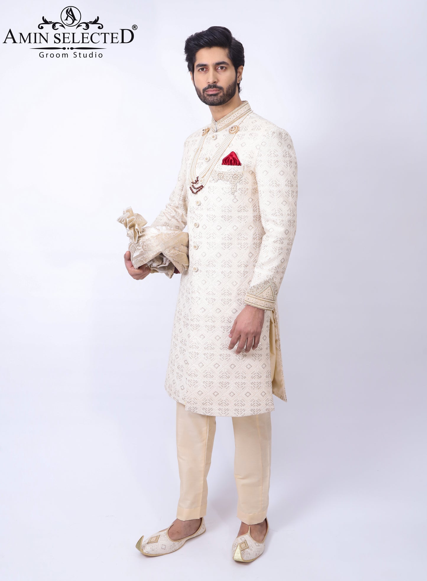 Cream Embroidery Sherwani - Amin Selected 