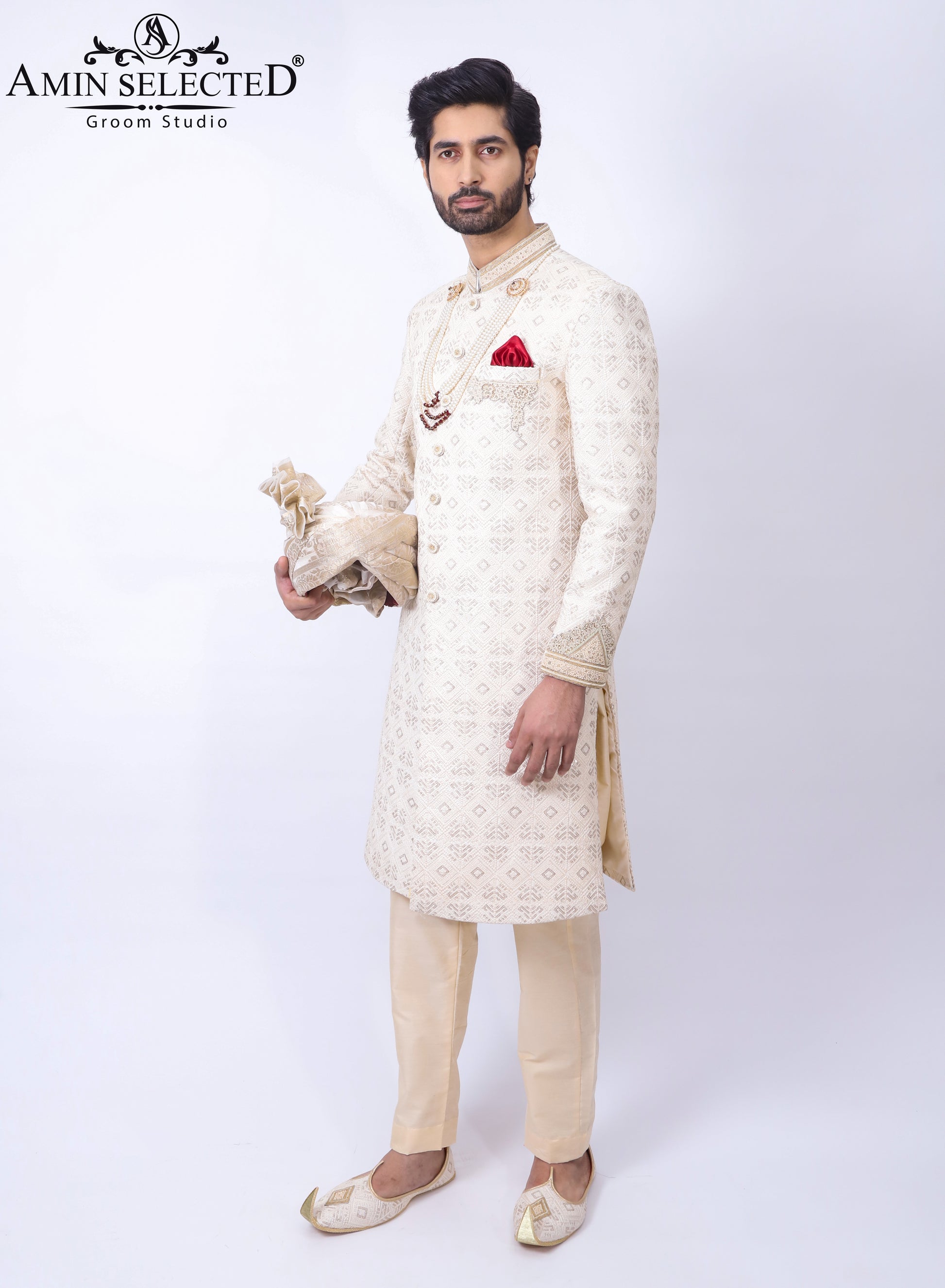 Cream Embroidery Sherwani - Amin Selected 