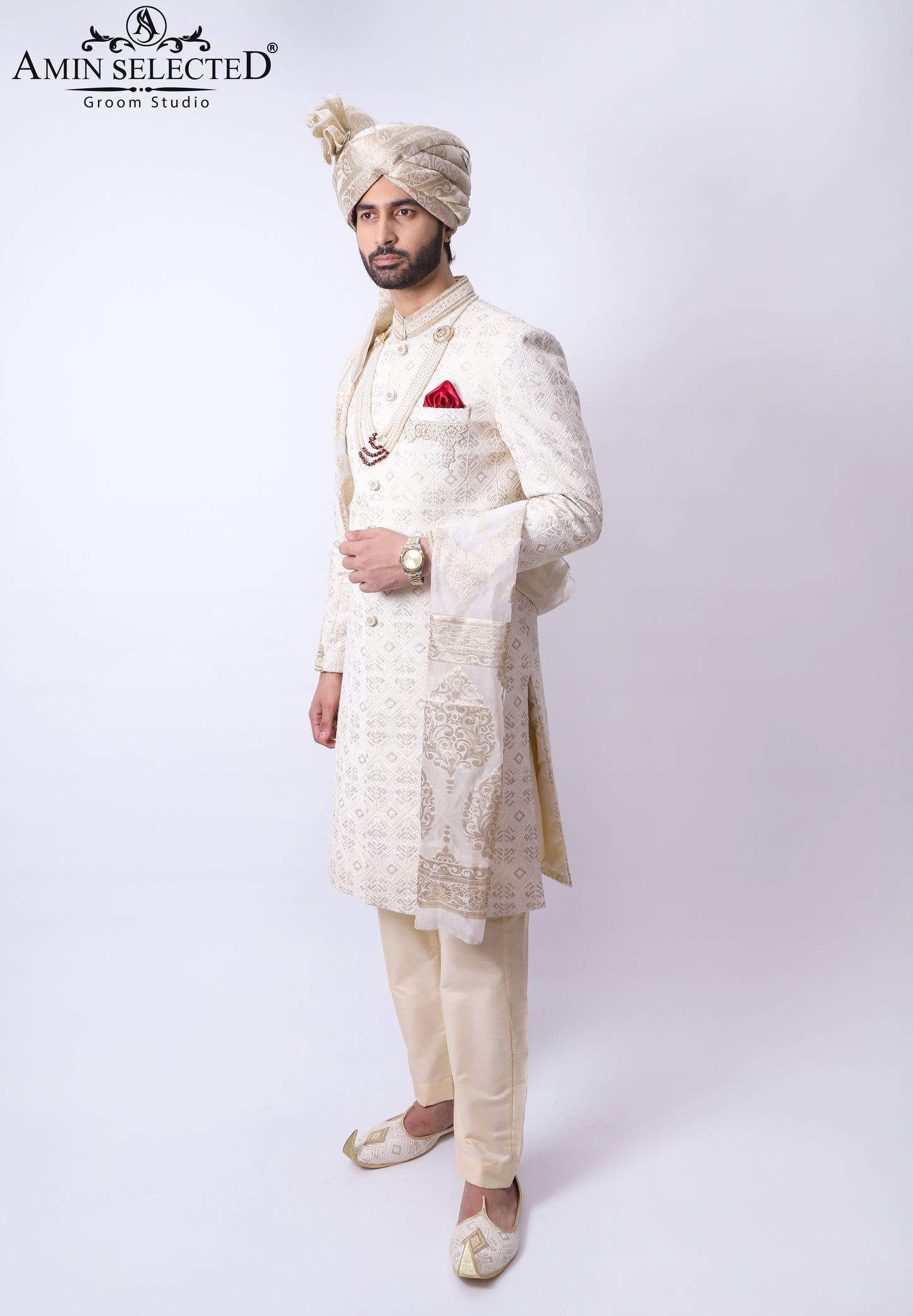 Cream Embroidery Sherwani - Amin Selected 