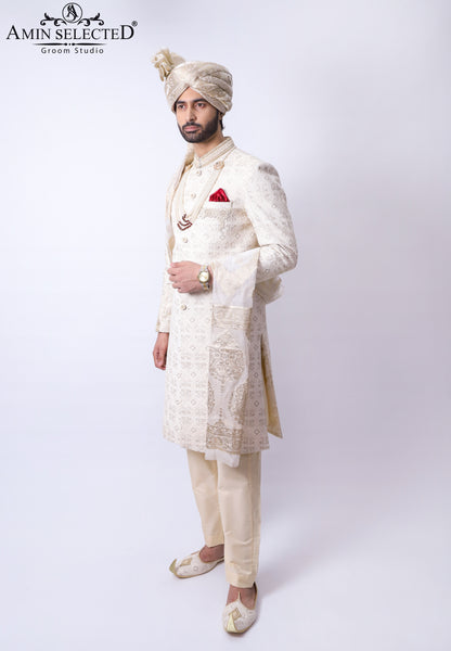 Cream Embroidery Sherwani - Amin Selected 