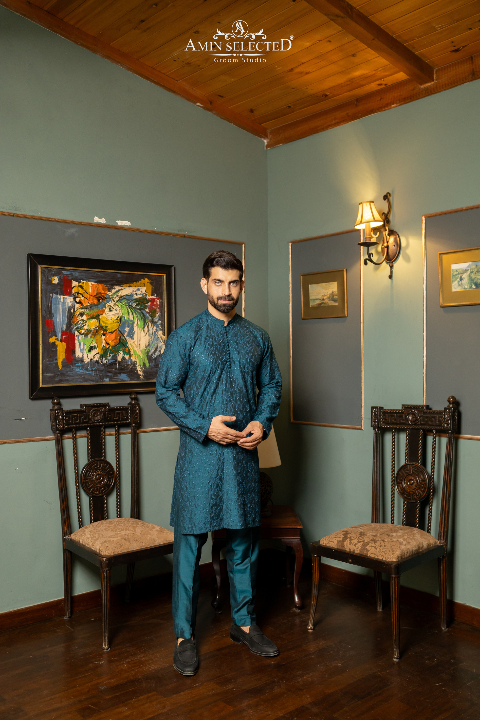 GH 03 PEACOCK BLUE EMBROIDERED KURTA PAJAMA - Amin Selected 