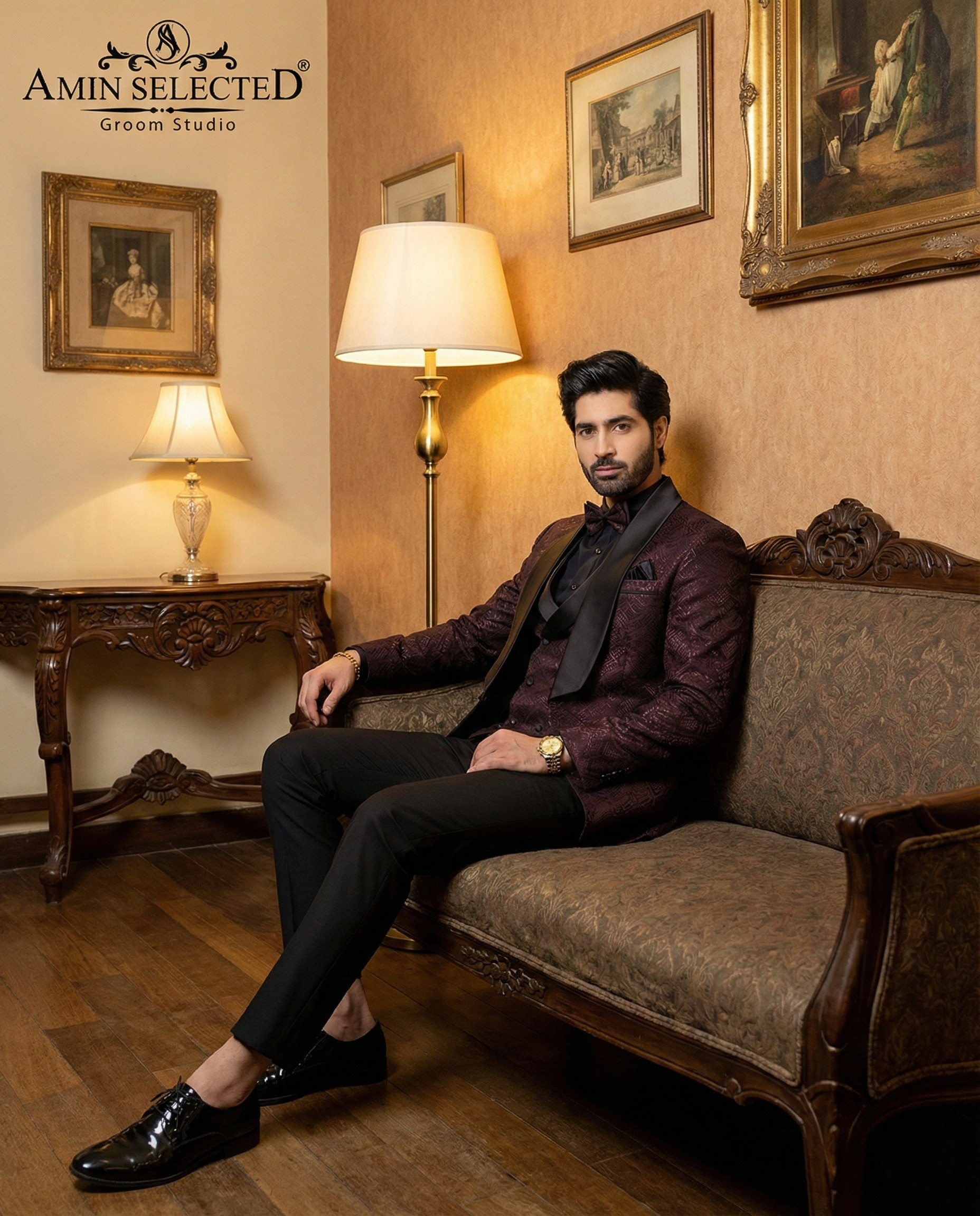 Maroon Tuxedos Embossed 3 Piece Suit - Amin Selected 