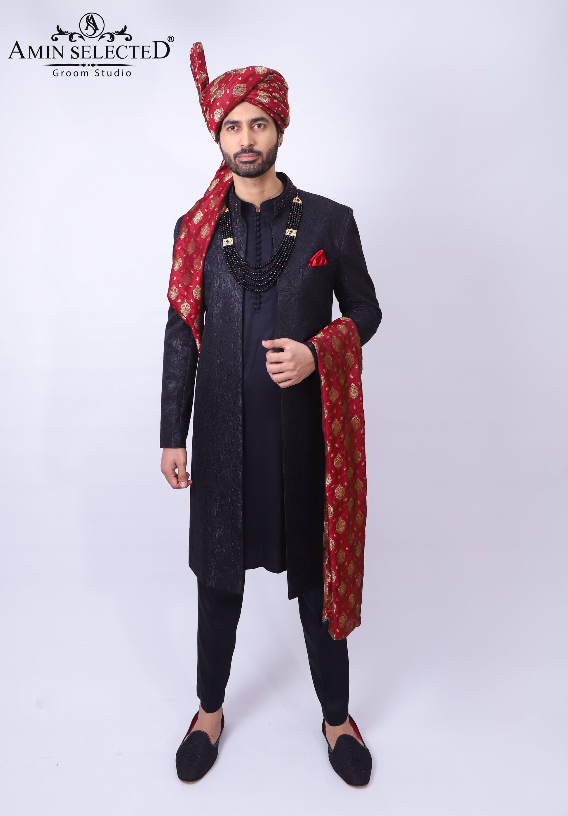 Jet black Turkish and Mughal Hybrid Artwork Sherwani - Amin Selected 