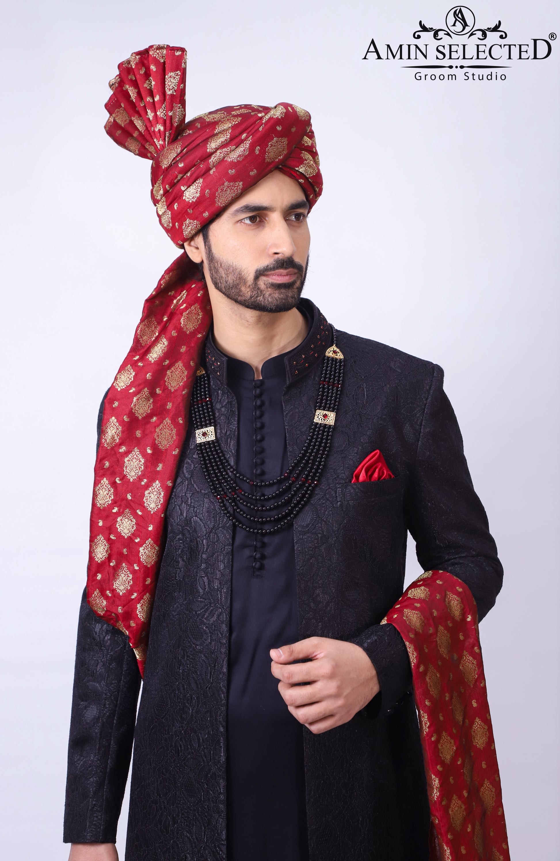 Jet black Turkish and Mughal Hybrid Artwork Sherwani - Amin Selected 