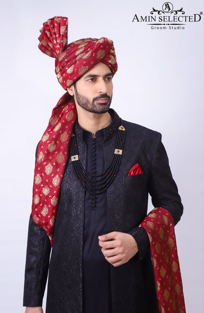 Jet black Turkish and Mughal Hybrid Artwork Sherwani - Amin Selected 