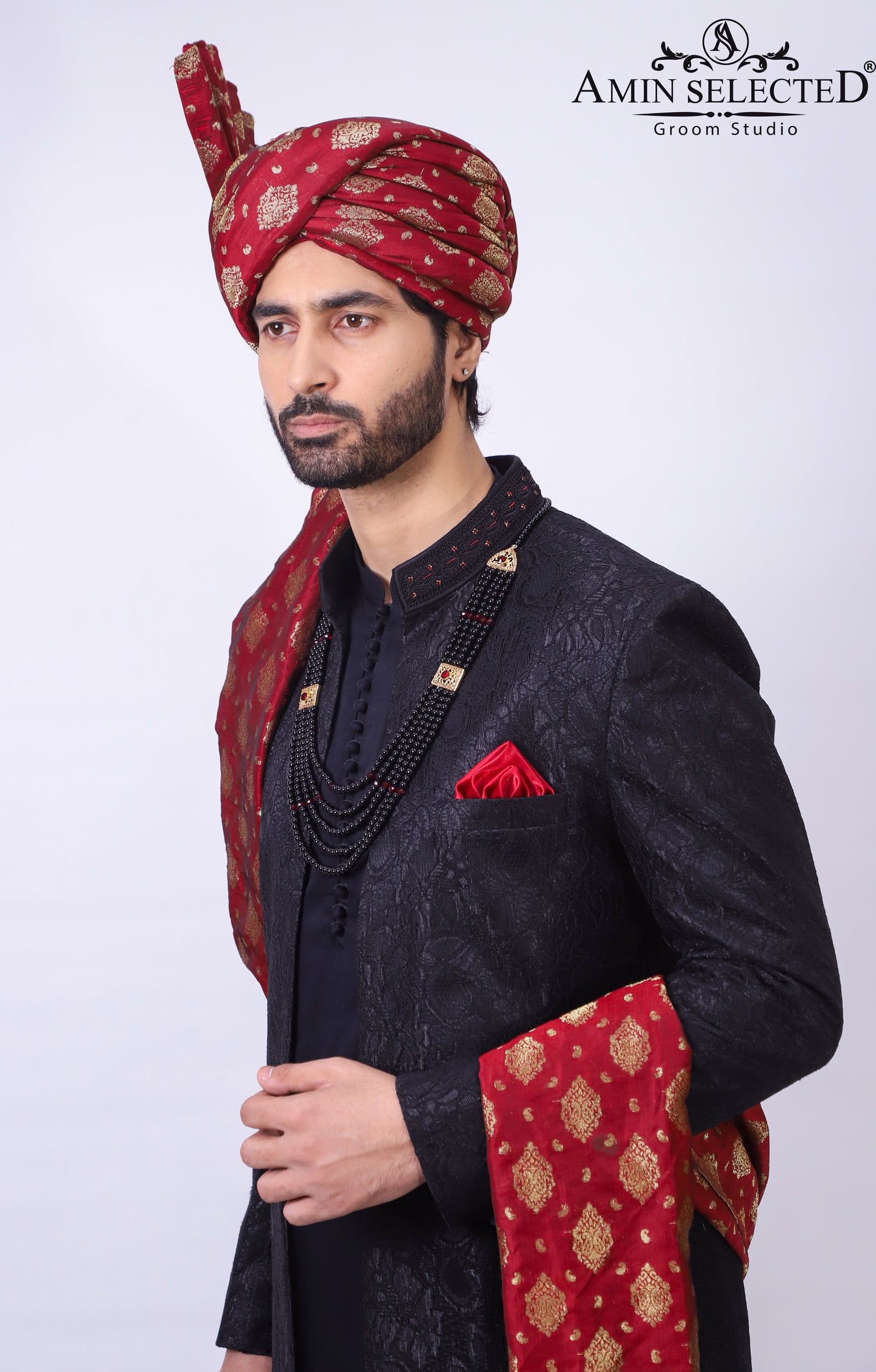 Jet black Turkish and Mughal Hybrid Artwork Sherwani - Amin Selected 
