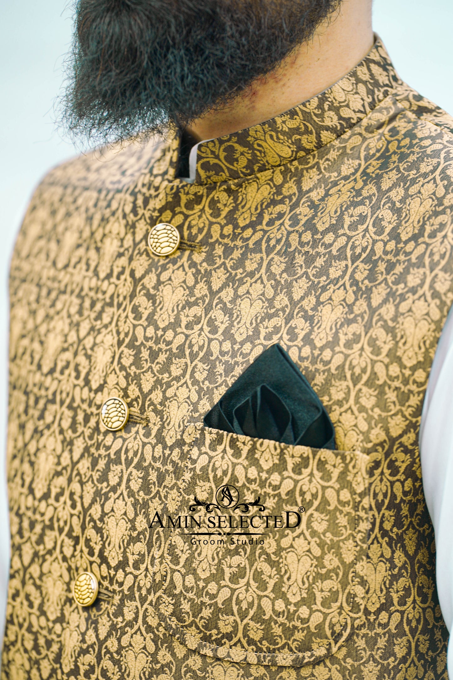 Brownish Golden Embroidered Waist Coat - Amin Selected 