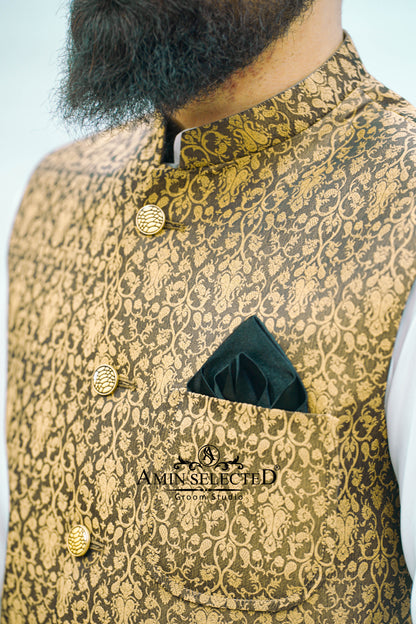 Brownish Golden Embroidered Waist Coat - Amin Selected 