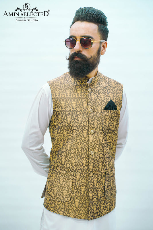 Brownish Golden Embroidered Waist Coat - Amin Selected 