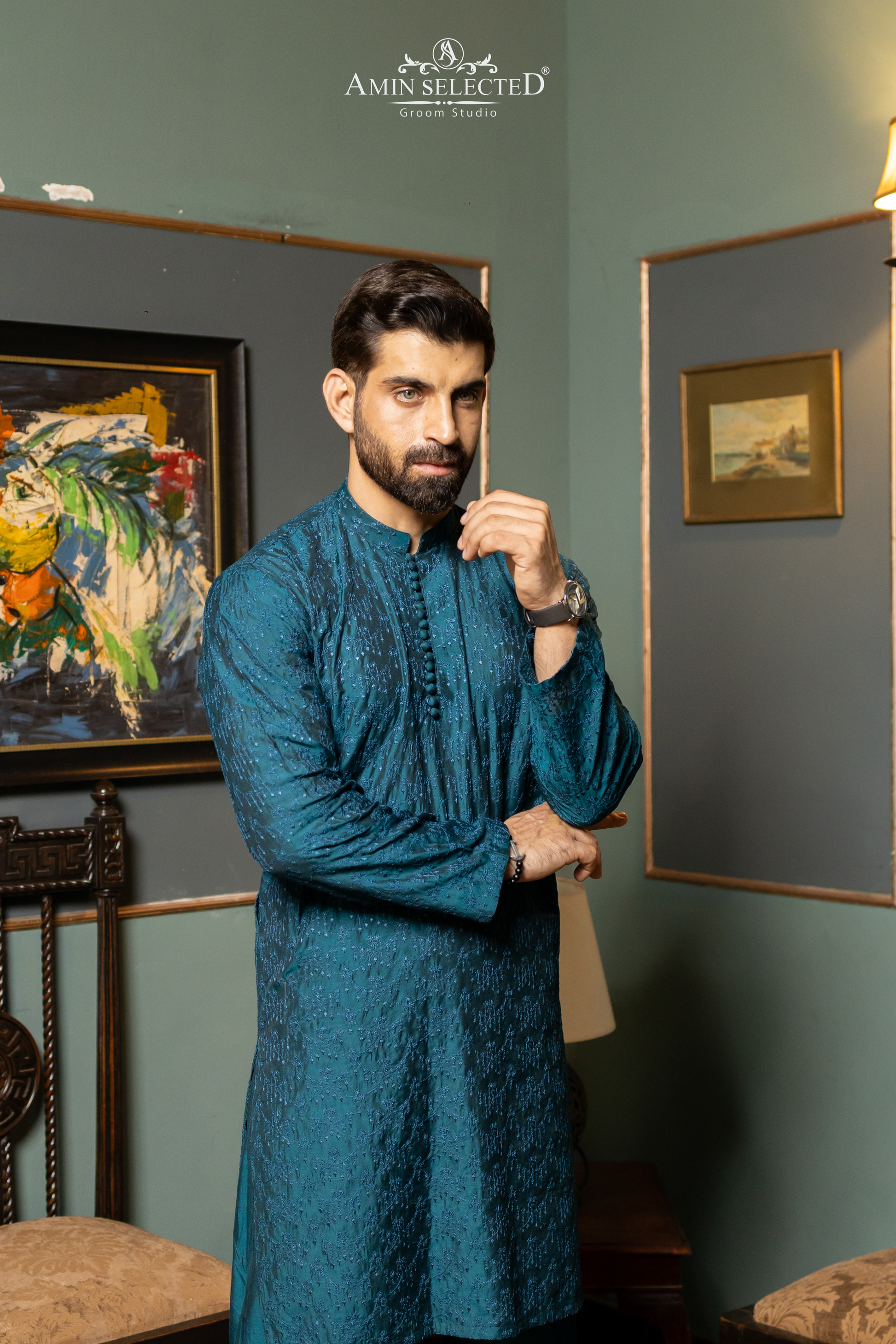 GH 03 PEACOCK BLUE EMBROIDERED KURTA PAJAMA - Amin Selected 