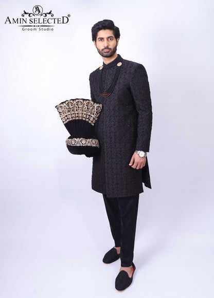Black Embroidered Sherwani Jacket With Hand Touch For Men's - Amin Selected 