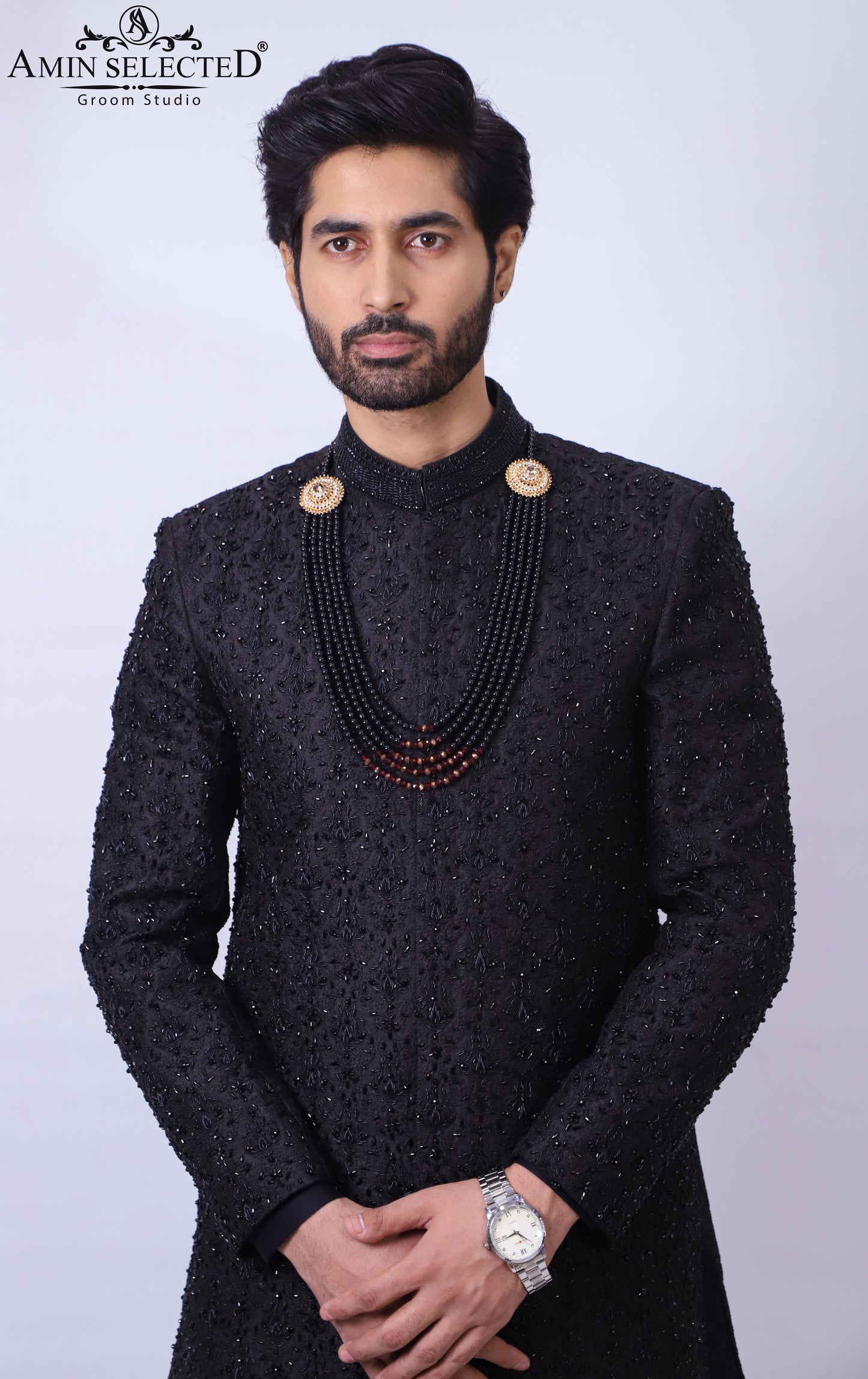 Black Embroidered Sherwani Jacket With Hand Touch For Men's - Amin Selected 