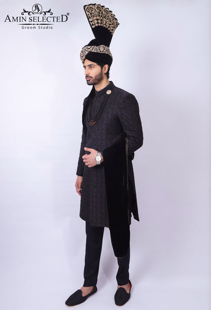 Black Embroidered Sherwani Jacket With Hand Touch For Men's - Amin Selected 