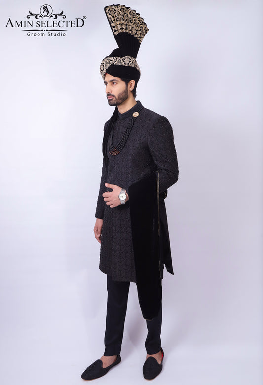 Black Embroidered Sherwani Jacket With Hand Touch For Men's - Amin Selected 