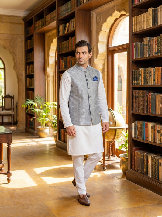 Silver Grey Raw Silk Striped Weave Waistcoat Front View – Reception Nikkah Groom Wear Amin Selected Karachi