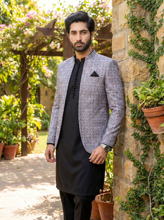 Silver Grey Raw Silk Geometric Diamond Embroidered Prince Coat Front View – Modern Indo-Western Groom Wear Amin Selected Karachi