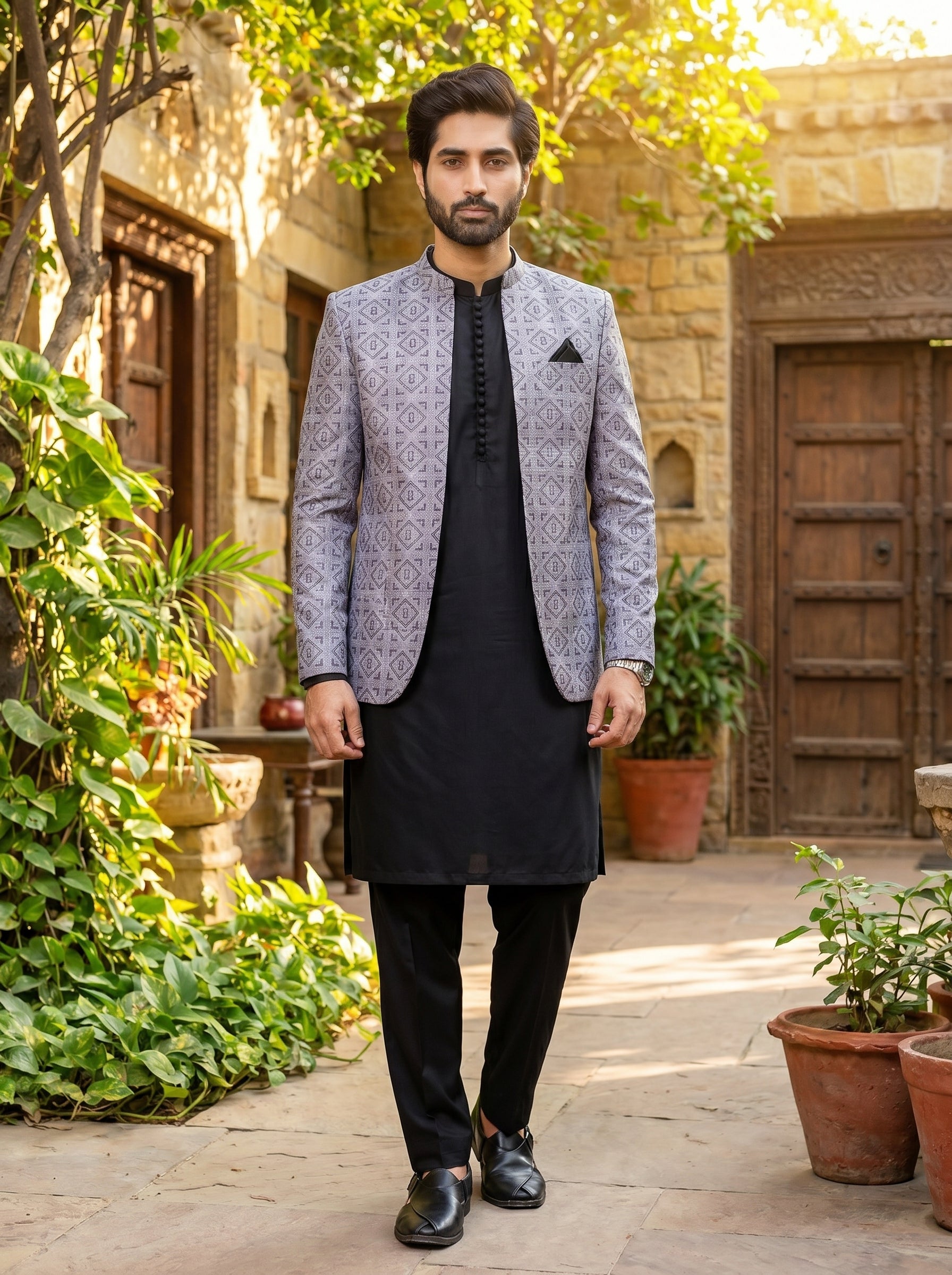 Silver Grey Raw Silk Geometric Diamond Embroidered Prince Coat | Modern Indo-Western Groom Wear | Amin Selected - Amin Selected 