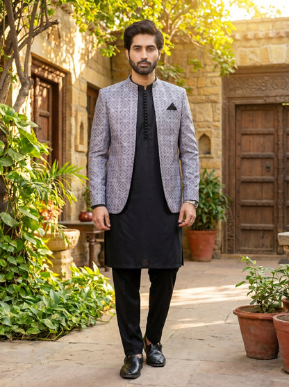 Silver Grey Raw Silk Geometric Diamond Embroidered Prince Coat | Modern Indo-Western Groom Wear | Amin Selected - Amin Selected 