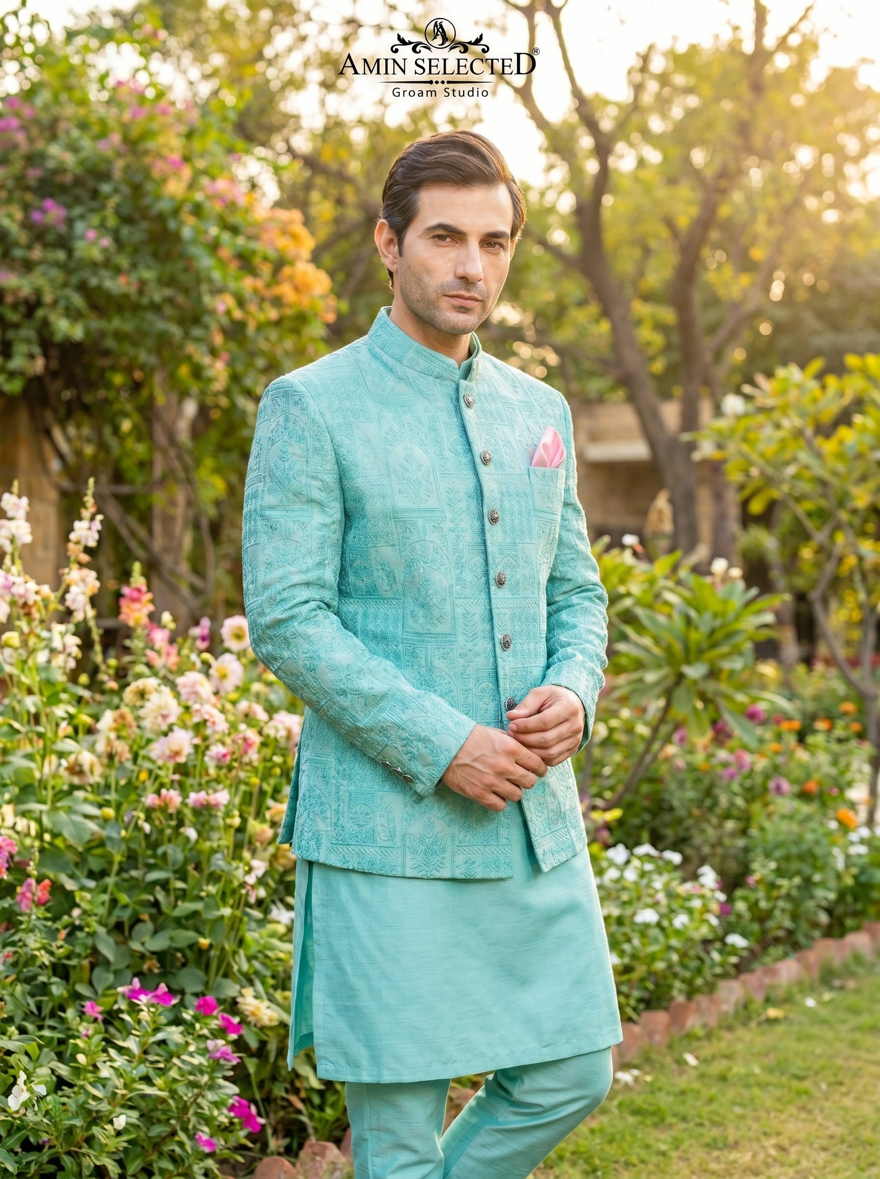 Mint Aqua Raw Silk Mughal Panel Embroidered Prince Coat | Mehndi & Engagement Groom Wear | Amin Selected - Amin Selected 