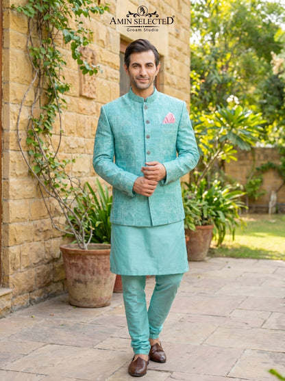Mint Aqua Raw Silk Mughal Panel Embroidered Prince Coat Front View – Mehndi Engagement Groom Wear Amin Selected Karachi