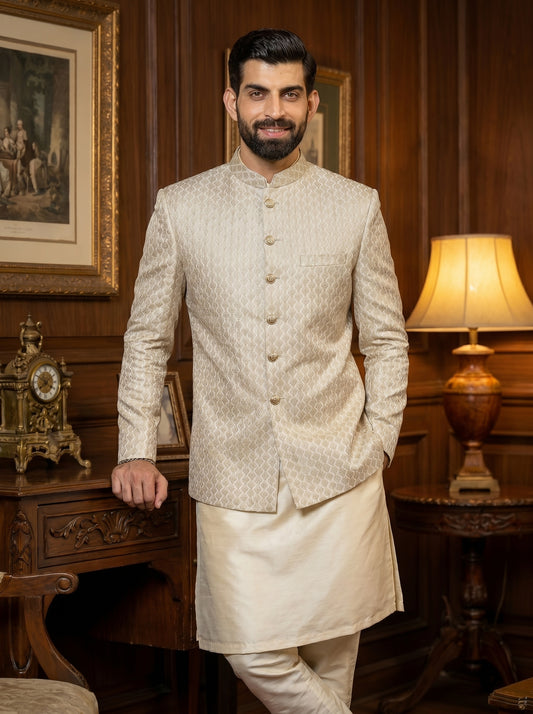 Pearl Gold Ombre Raw Silk Diamond Lattice Embroidered Prince Coat Gold Medallion Buttons – Walima Barat Groom Wear Amin Selected Karachi