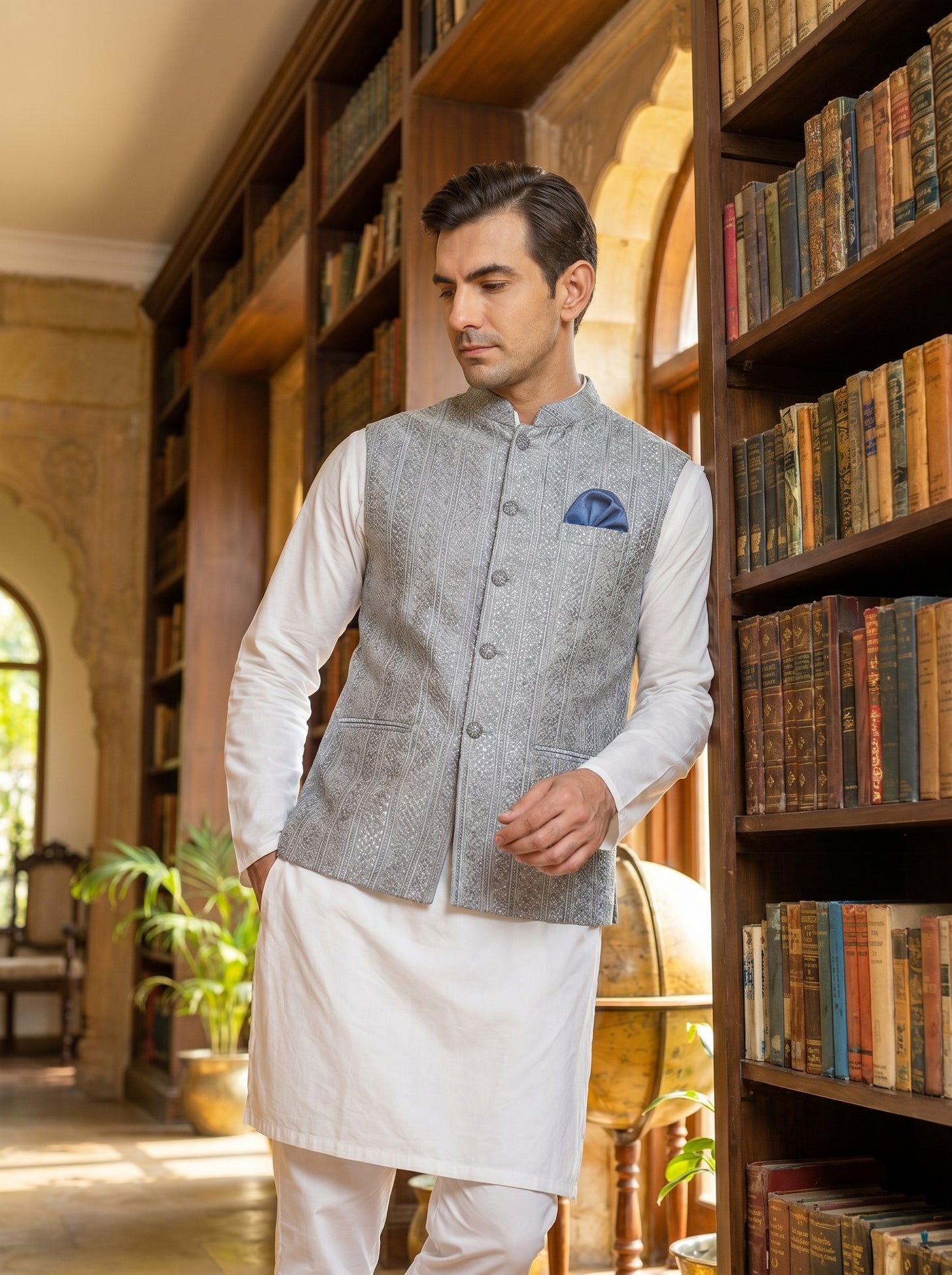 Silver Grey Raw Silk Striped Weave Waistcoat | Versatile Reception & Nikkah Groom Wear | Amin Selected