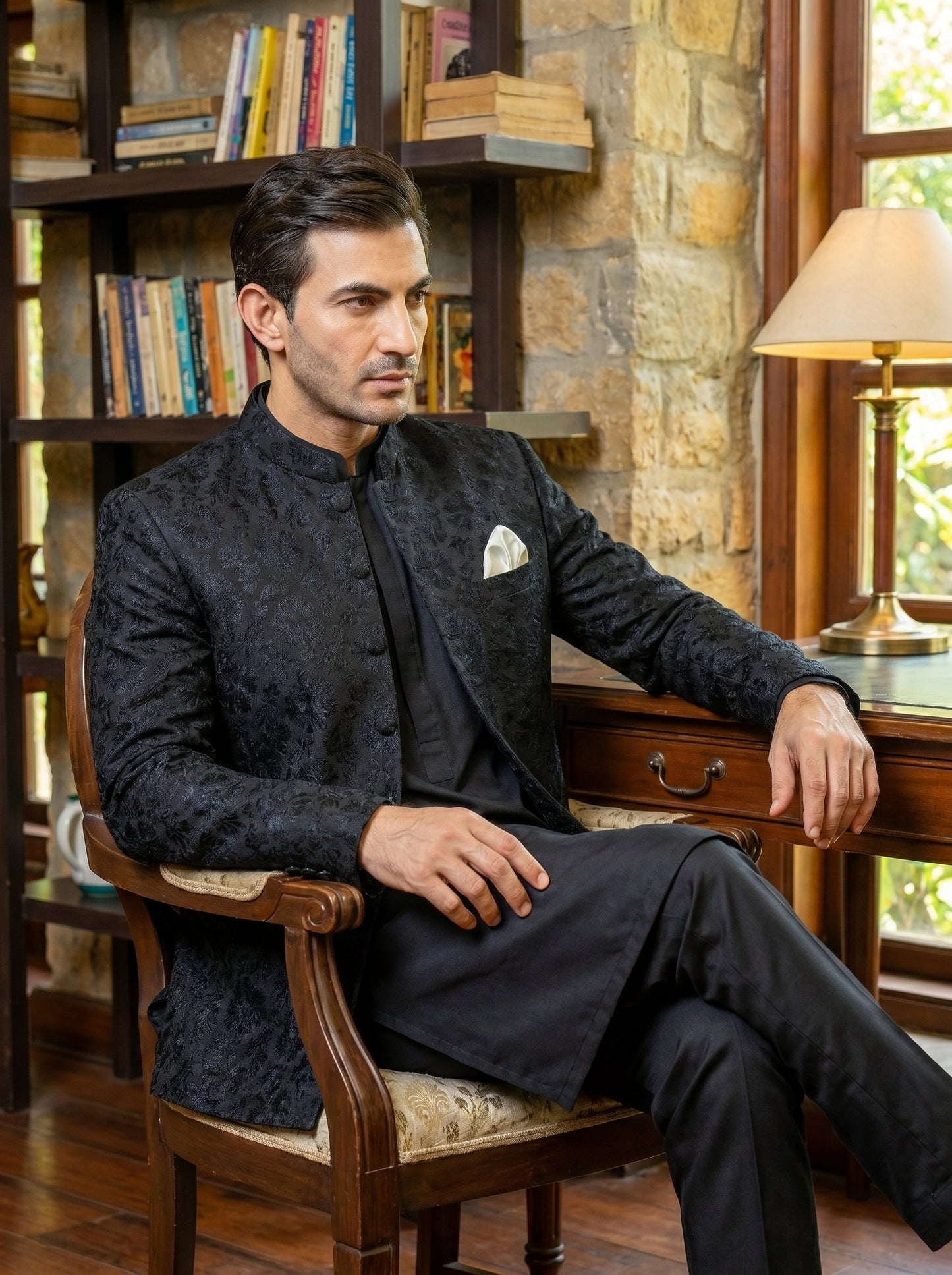 Jet Black Jamawar Self-Embroidered Prince Coat | Tonal Floral Shadow Weave | Barat & Reception Groom Wear | Amin Selected - Amin Selected 
