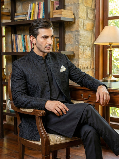 Jet Black Jamawar Self-Embroidered Prince Coat | Tonal Floral Shadow Weave | Barat & Reception Groom Wear | Amin Selected - Amin Selected 