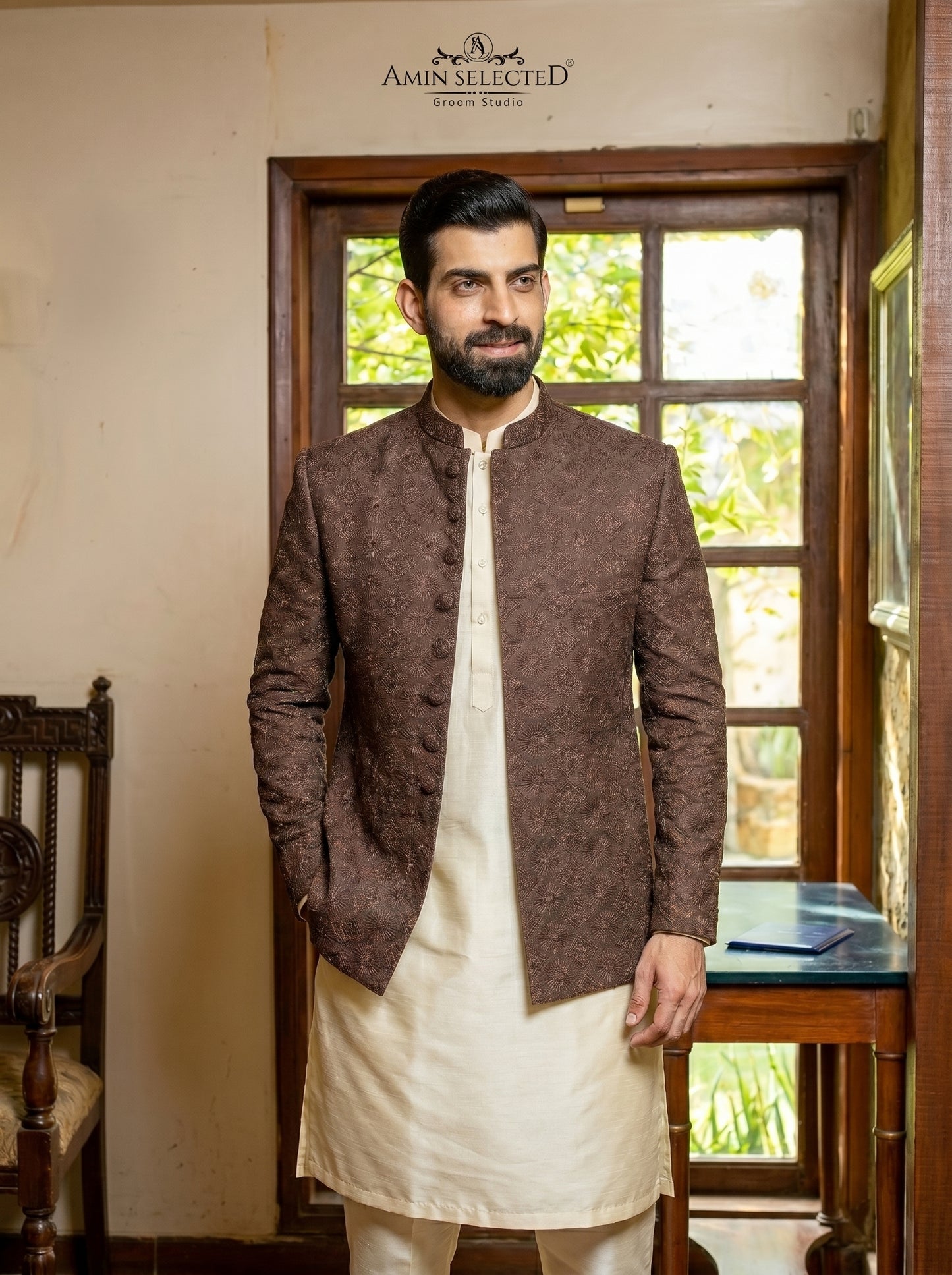 Chocolate Brown Raw Silk Starburst Embroidered Prince Coat | Barat & Walima Groom Wear | Amin Selected - Amin Selected 
