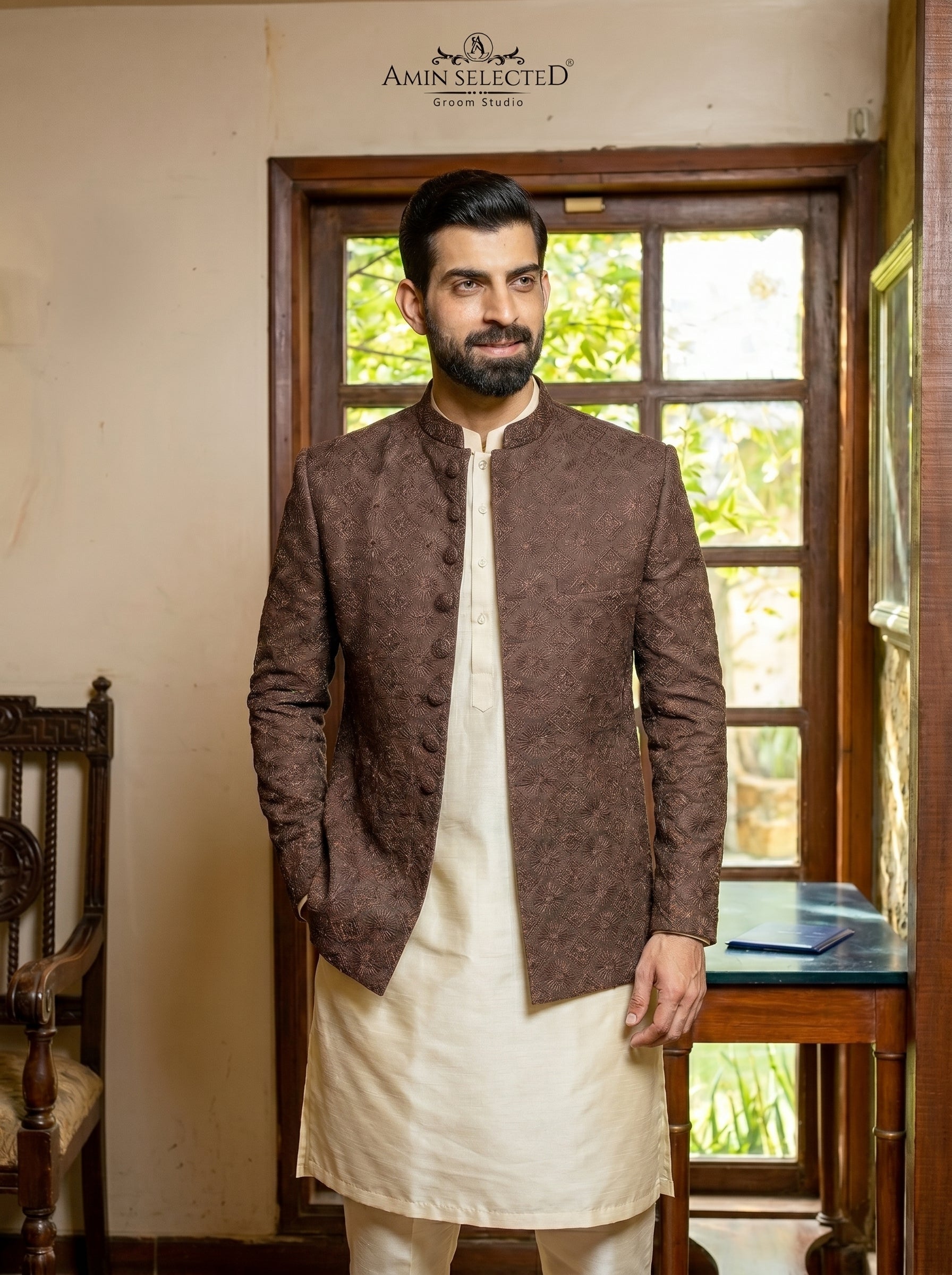Chocolate Brown Raw Silk Starburst Embroidered Prince Coat | Barat & Walima Groom Wear | Amin Selected - Amin Selected 