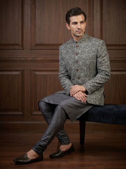Charcoal Ivory Embossed Jamawar Prince Coat | Royal Barat Groom Wear | Amin Selected - Amin Selected 