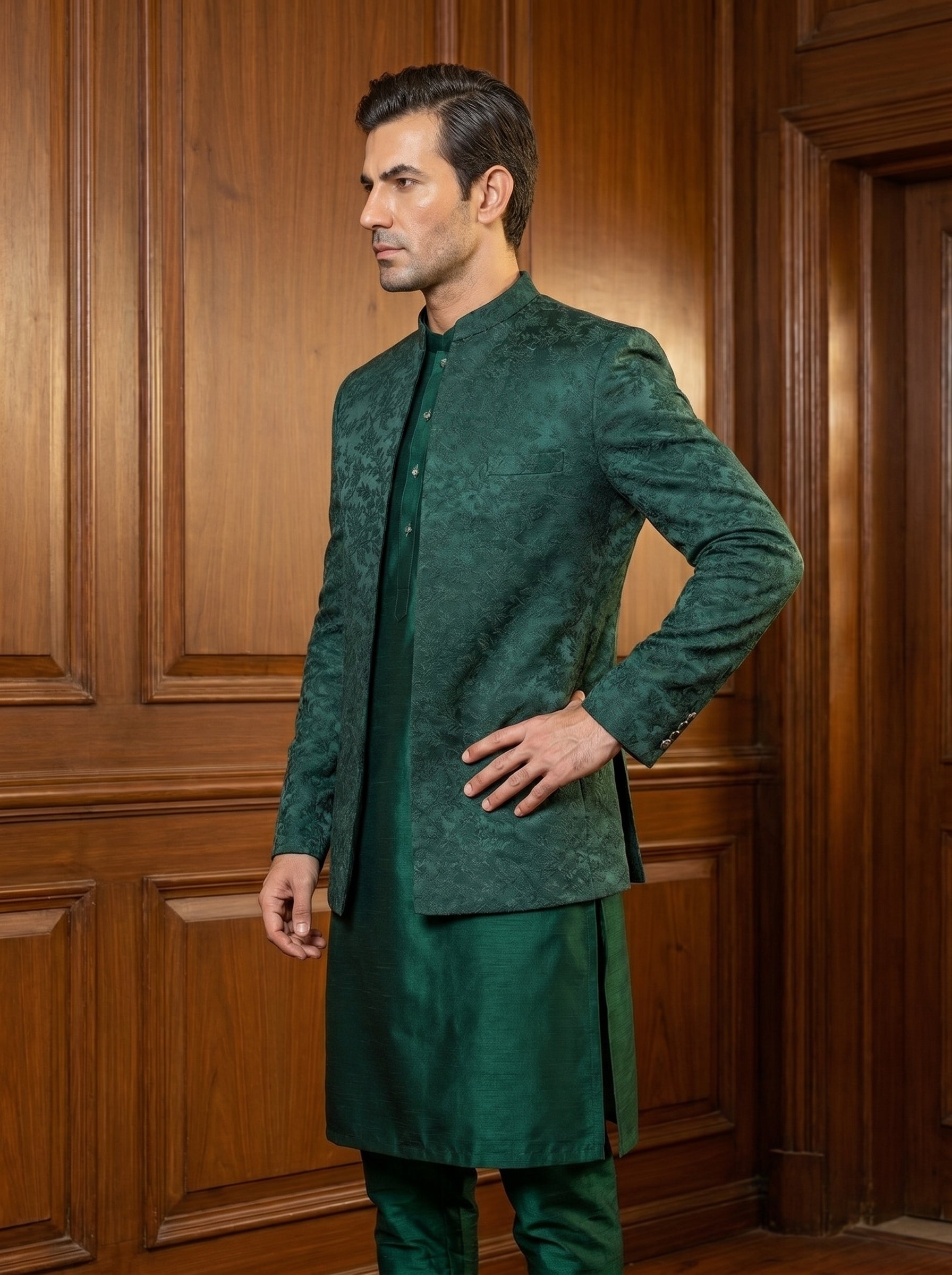 Bottle Green Self-Embroidered Satin Silk Prince Coat | Walima & Barat Groom Wear | Amin Selected - Amin Selected 