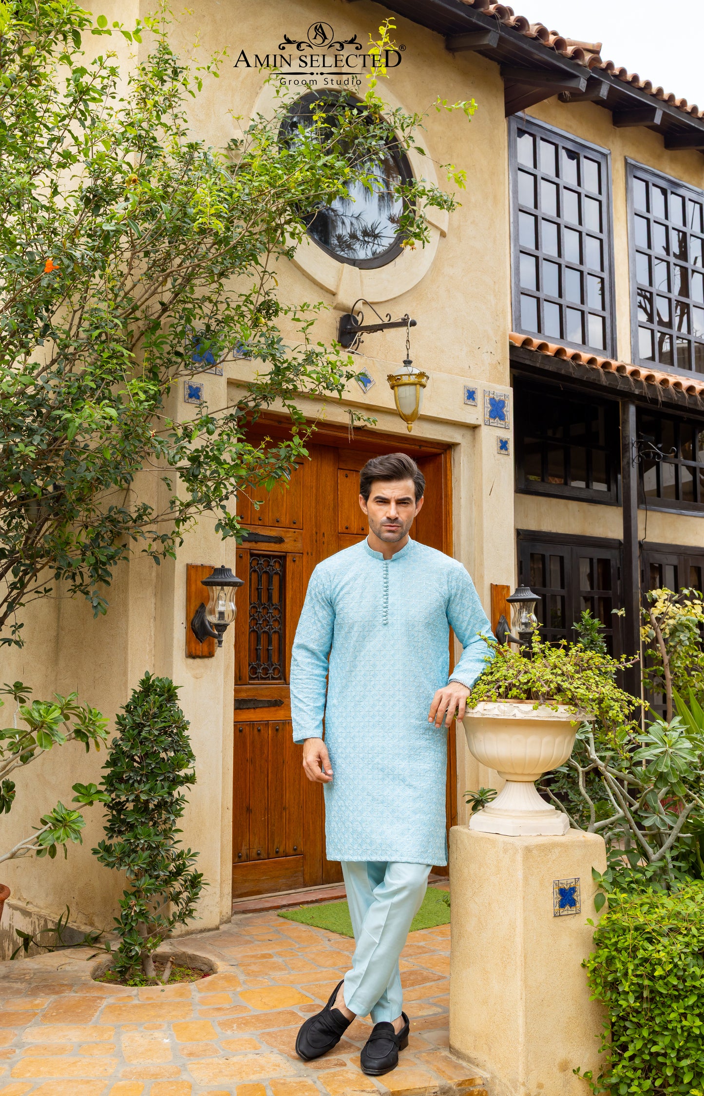 AK-02 SKY BLUE EMBROIDERED KURTA PAJAMA - Amin Selected 