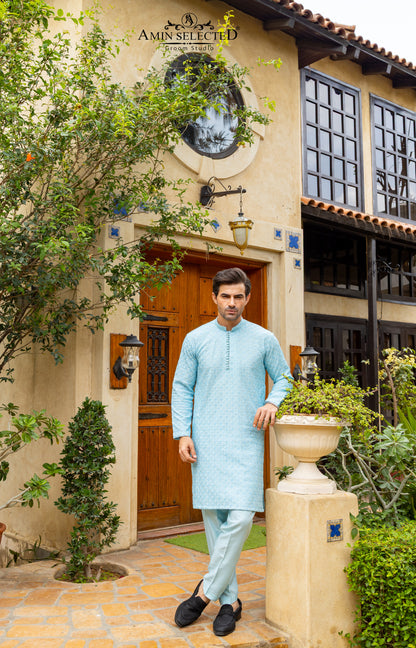AK-02 SKY BLUE EMBROIDERED KURTA PAJAMA - Amin Selected 