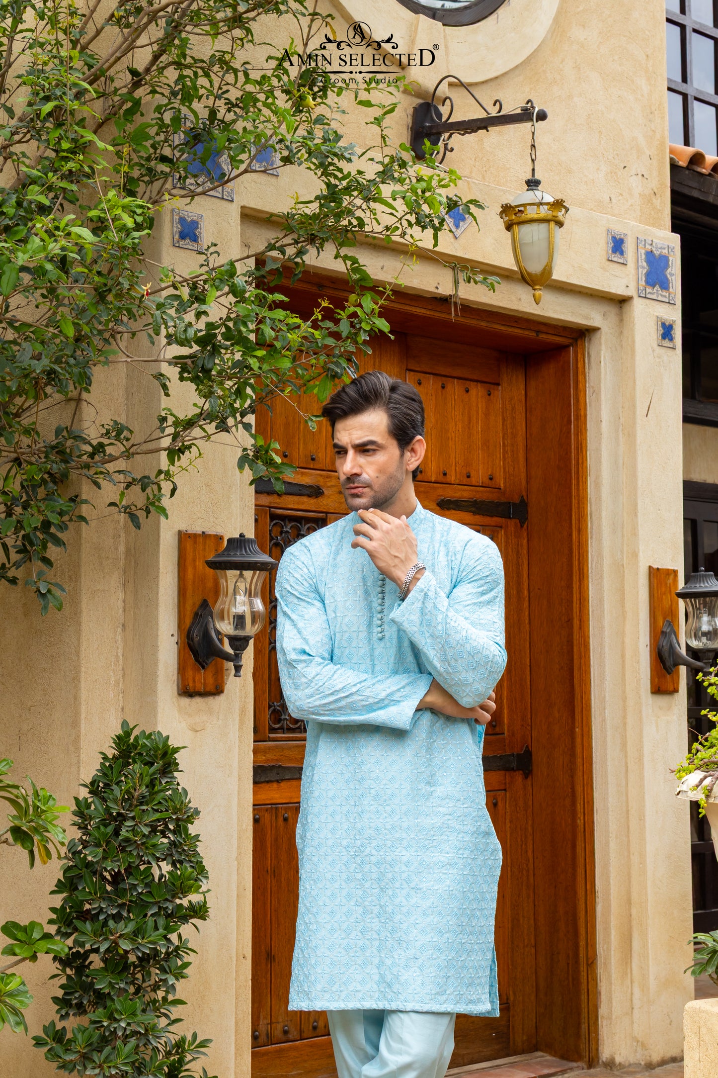 AK-02 SKY BLUE EMBROIDERED KURTA PAJAMA - Amin Selected 