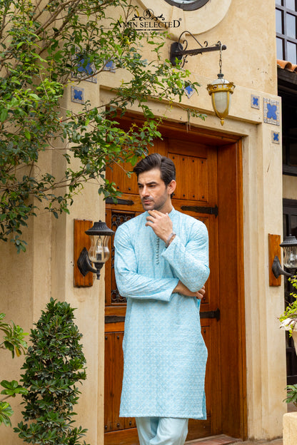 AK-02 SKY BLUE EMBROIDERED KURTA PAJAMA - Amin Selected 