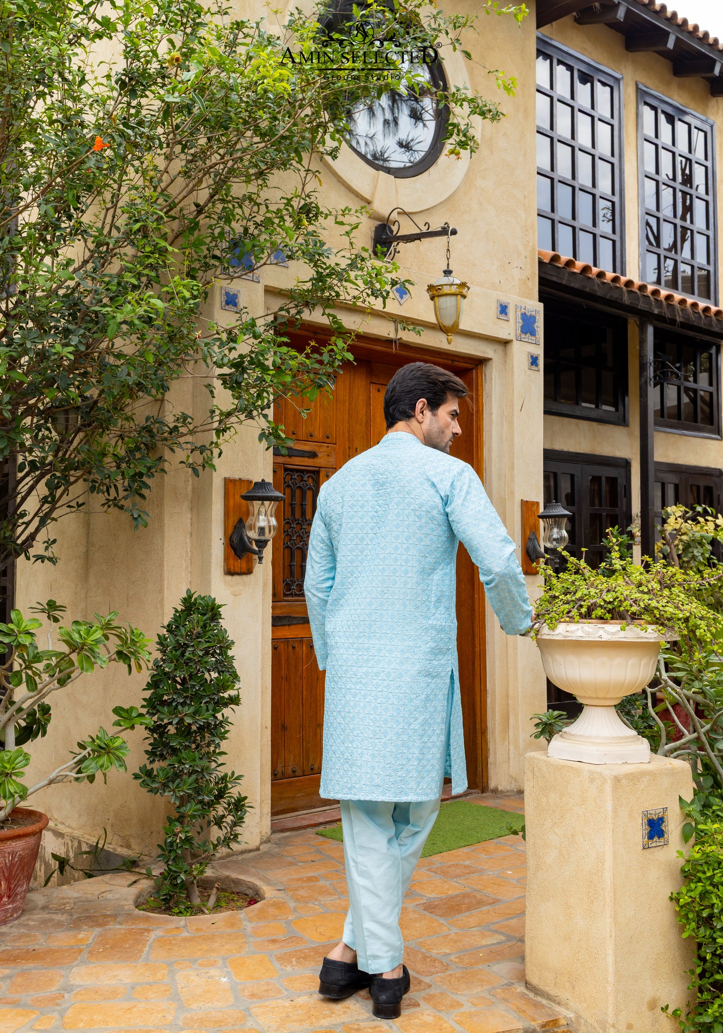 AK-02 SKY BLUE EMBROIDERED KURTA PAJAMA - Amin Selected 