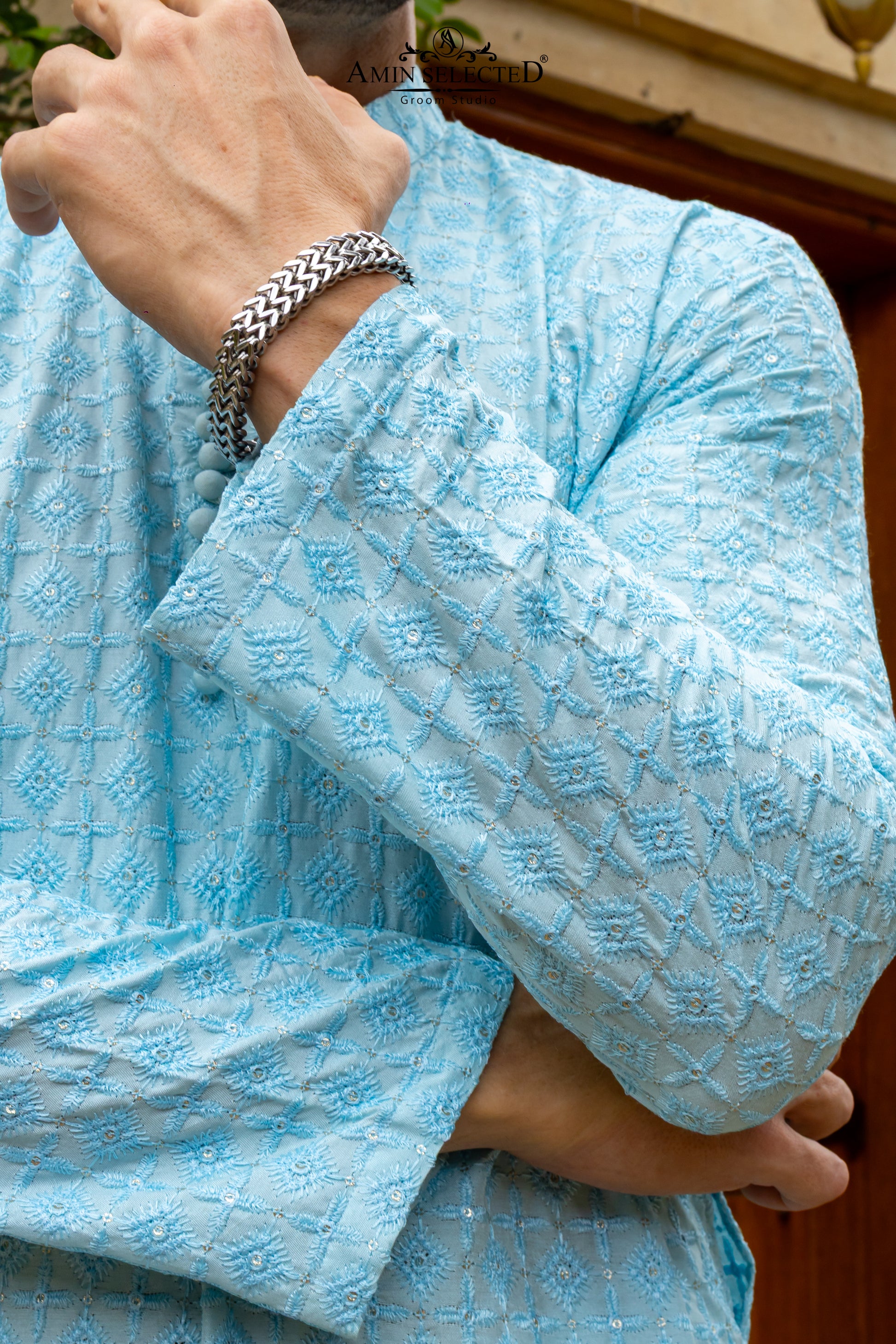 AK-02 SKY BLUE EMBROIDERED KURTA PAJAMA - Amin Selected 