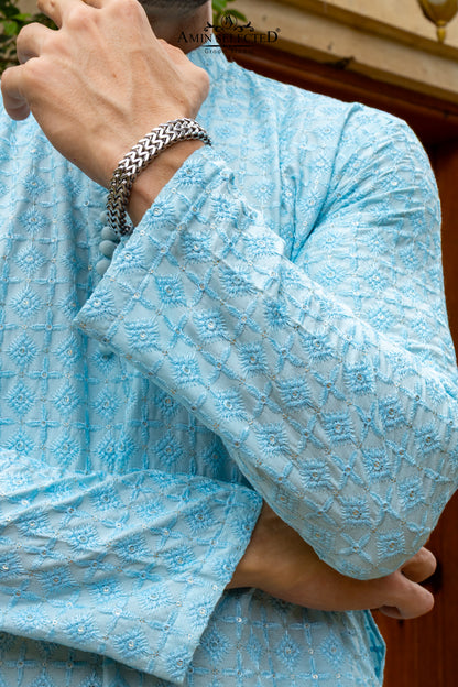 AK-02 SKY BLUE EMBROIDERED KURTA PAJAMA - Amin Selected 