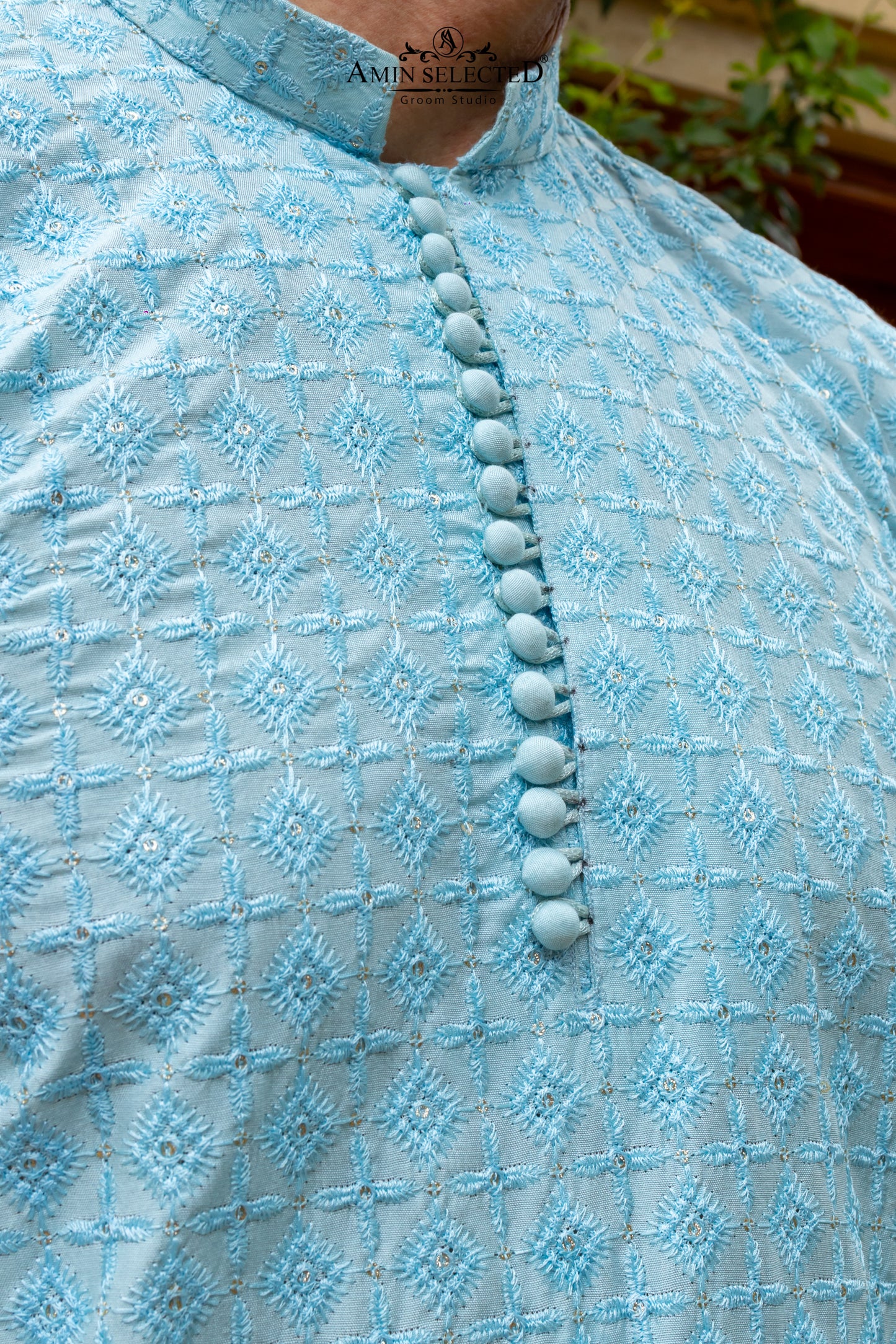 AK-02 SKY BLUE EMBROIDERED KURTA PAJAMA - Amin Selected 