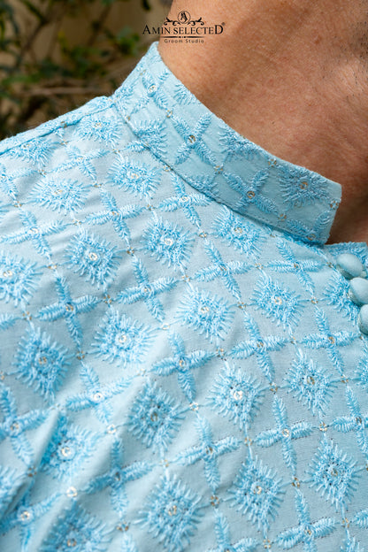AK-02 SKY BLUE EMBROIDERED KURTA PAJAMA - Amin Selected 