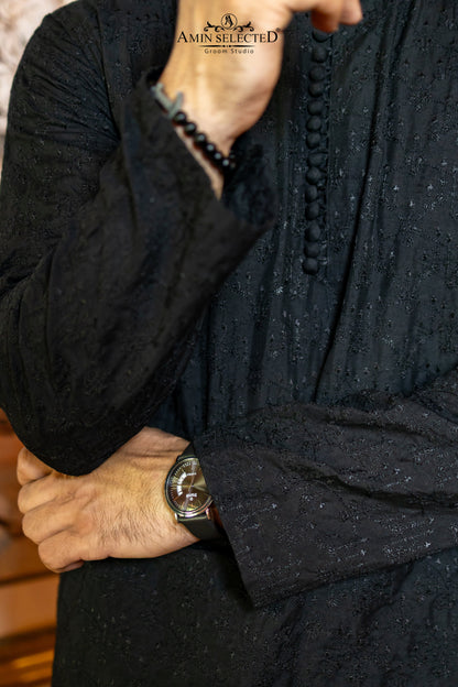 GH 02 BLACK EMBROIDERED KURTA PAJAMA - Amin Selected 