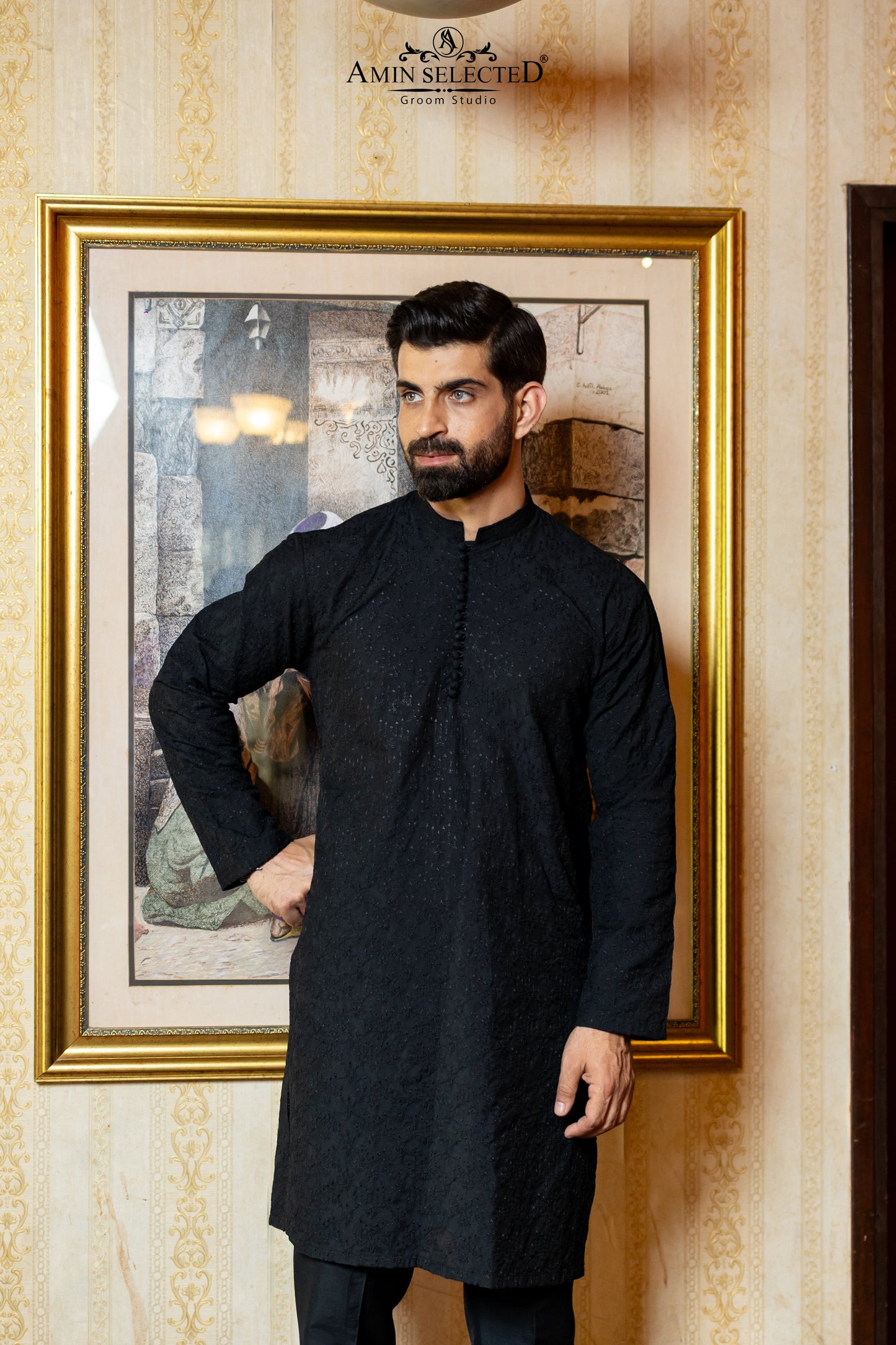 GH 02 BLACK EMBROIDERED KURTA PAJAMA - Amin Selected 