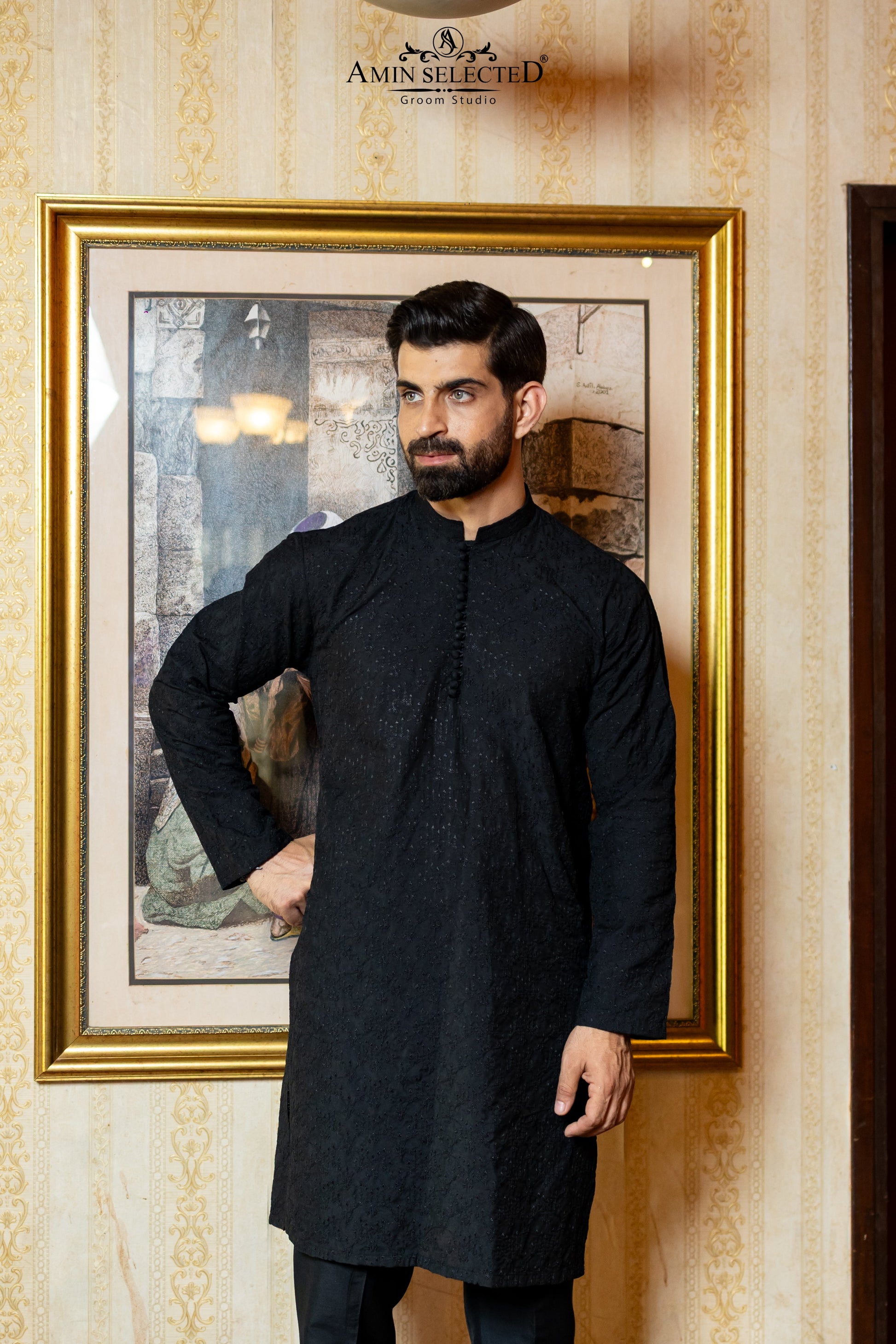 GH 02 BLACK EMBROIDERED KURTA PAJAMA - Amin Selected 